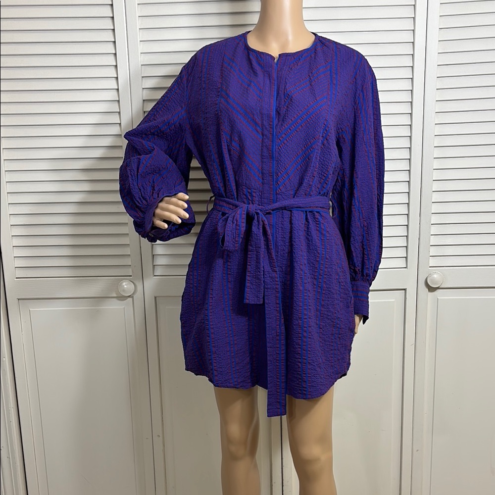 Shona Joy Seersucker Purple & Blue Long Sleeve Dress with Bishop Sleeves Size 6